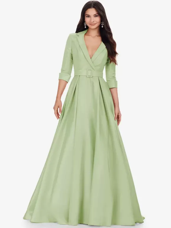 Robe de bal en tissu satiné col en V ligne a demi-manches ceinture robes de soirée