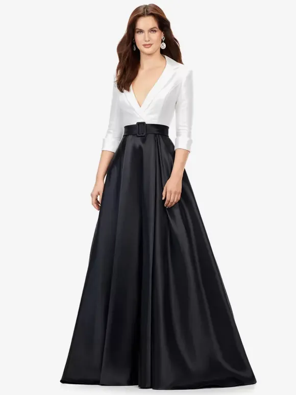 Robe de bal en tissu satiné col en V ligne a demi-manches ceinture robes de soirée
