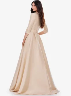 Robe de bal en tissu satiné col en V ligne a demi-manches ceinture robes de soirée