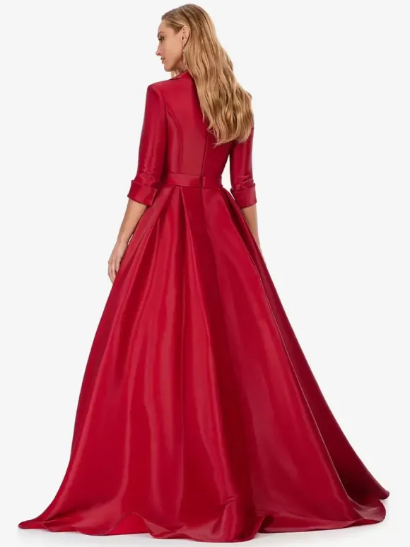 Robe de bal en tissu satiné col en V ligne a demi-manches ceinture robes de soirée