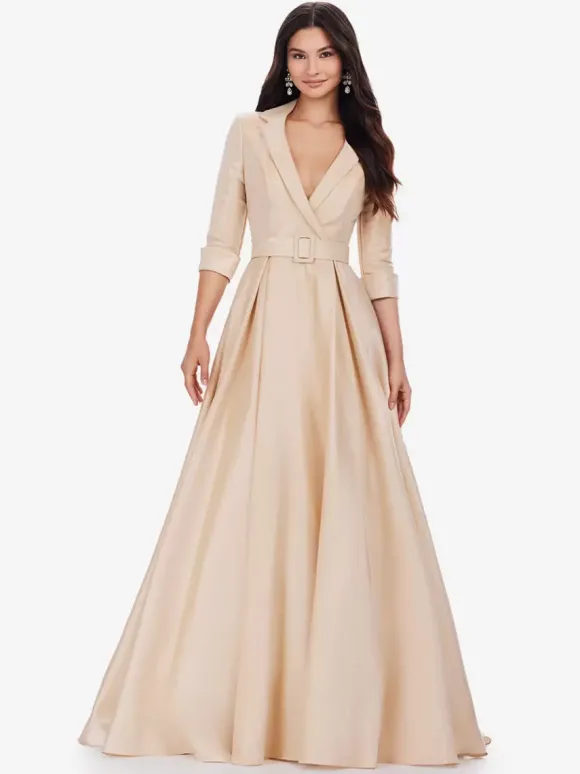 Robe de bal en tissu satiné col en V ligne a demi-manches ceinture robes de soirée