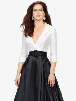 Robe de bal en tissu satiné col en V ligne a demi-manches ceinture robes de soirée
