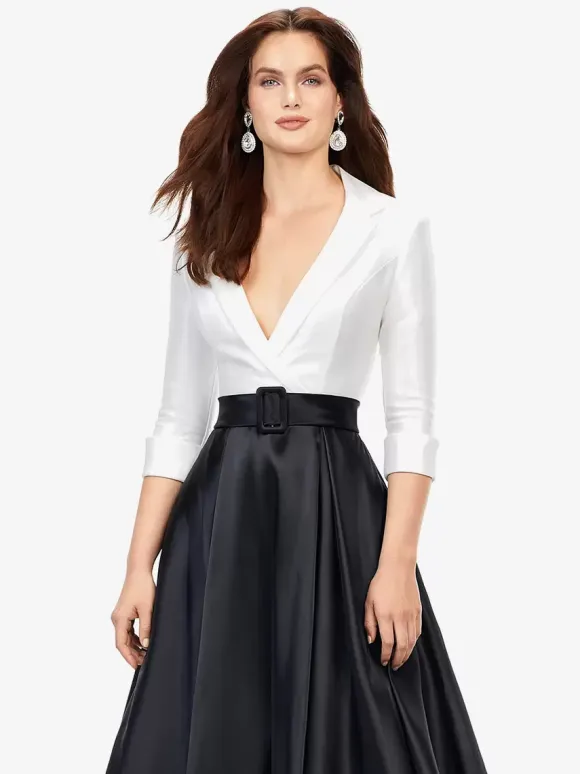 Robe de bal en tissu satiné col en V ligne a demi-manches ceinture robes de soirée