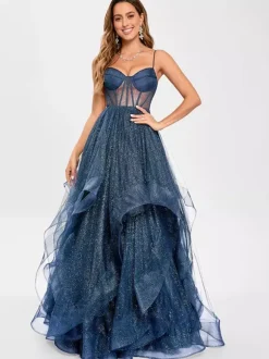 Robe de bal en tulle col en V silhouette de princesse sans manches robes d'invitées de mariage