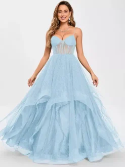 Robe de bal en tulle col en V silhouette de princesse sans manches robes d'invitées de mariage