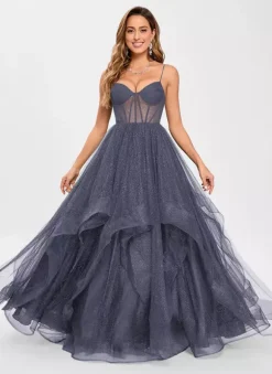 Robe de bal en tulle col en V silhouette de princesse sans manches robes d'invitées de mariage