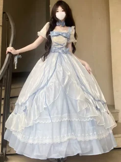 Robe de bal Fairy Lolita bleu ciel clair à lacets et n艙uds manches courtes