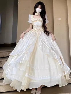 Robe de bal Fairy Lolita bleu ciel clair à lacets et n艙uds manches courtes