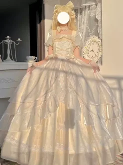 Robe de bal Fairy Lolita bleu ciel clair à lacets et n艙uds manches courtes
