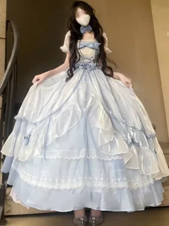 Robe de bal Fairy Lolita bleu ciel clair à lacets et n艙uds manches courtes