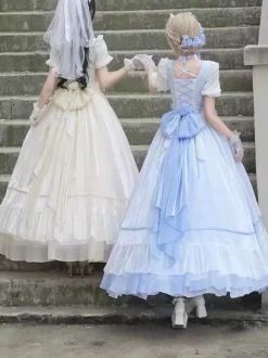 Robe de bal Fairy Lolita bleu ciel clair à lacets et n艙uds manches courtes
