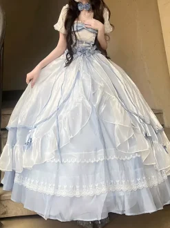 Robe de bal Fairy Lolita bleu ciel clair à lacets et n艙uds manches courtes