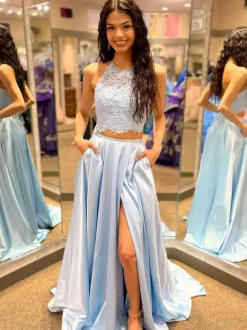 Robe de bal Halter deux pièces sans manches en dentelle robes de soirée