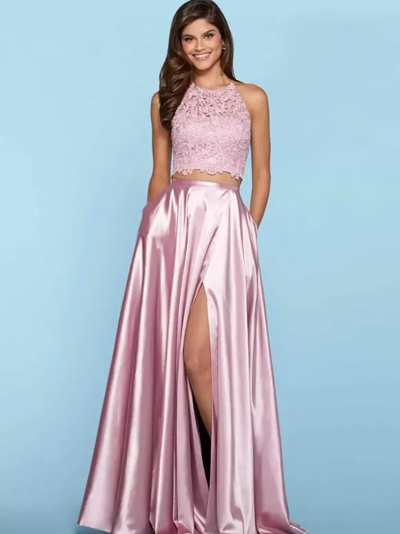 Robe de bal Halter deux pièces sans manches en dentelle robes de soirée