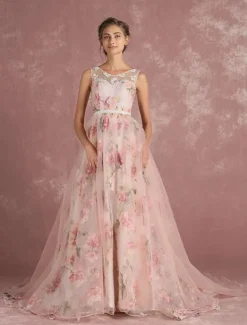 Robe de bal imprimerie floral laçage sur dos à traîne robe cocktail mariage