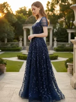 Robe de bal longue bleu profond à paillettes décolleté en c艙ur et épaules dénudées été 2026