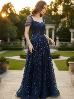 Robe de bal longue bleu profond à paillettes décolleté en c艙ur et épaules dénudées été 2026