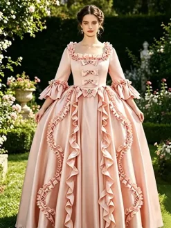Robe de bal masqué rose rétro à volants style Marie-Antoinette en polyester pour femme.