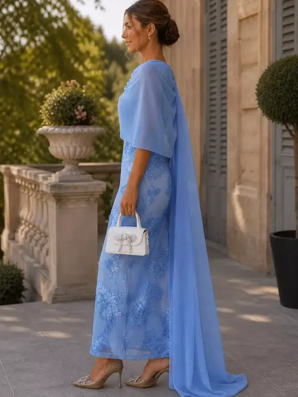 Robe de bal pour invitée de mariage décolleté travaillé mousseline manches mi-longues dentelle robe de mère de la mariée