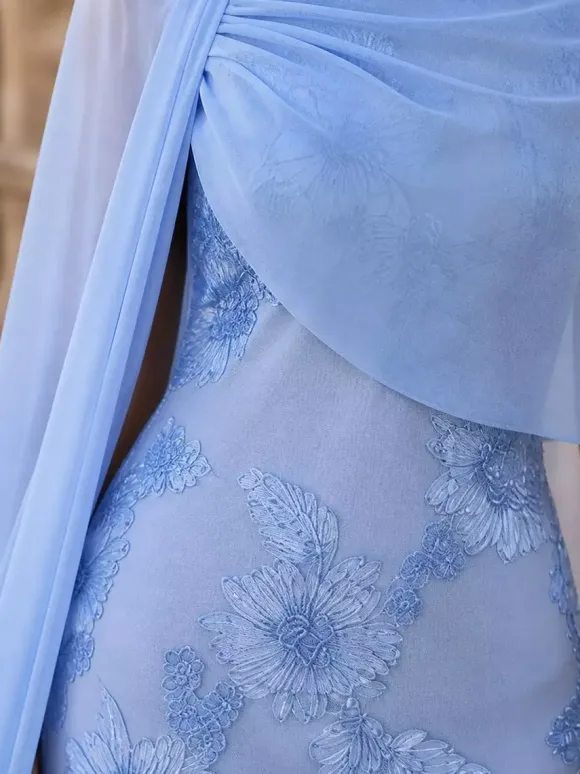 Robe de bal pour invitée de mariage décolleté travaillé mousseline manches mi-longues dentelle robe de mère de la mariée