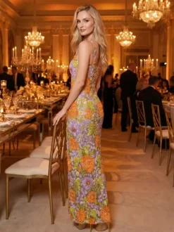 Robe de bal robe de soirée col carré dentelle longueur au sol fleurs robe de cocktail