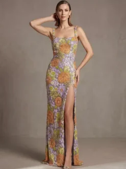Robe de bal robe de soirée col carré dentelle longueur au sol fleurs robe de cocktail