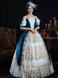 Robe de bal rococo pour femme style vintage n艙uds volants color block manches courtes