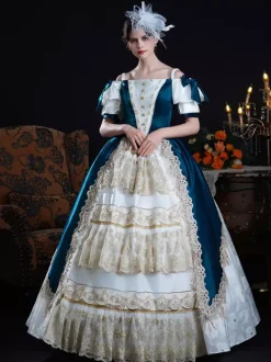 Robe de bal rococo pour femme style vintage n艙uds volants color block manches courtes