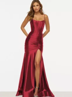 Robe de bal sirène conçue encolure élastique en soie comme du Satin plissée robes de soirée formelles
