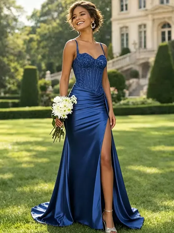 Robe de bal sirène en satin vert olive bretelles spaghetti corset transparent orné de perles fente haute longue robe de soirée