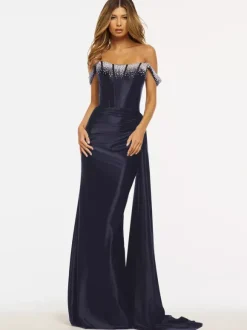 Robe de bal sirène sans bretelles balayage sans manches fermeture éclair tissu satiné robes de dîner formelles