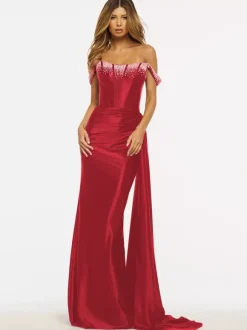 Robe de bal sirène sans bretelles balayage sans manches fermeture éclair tissu satiné robes de dîner formelles