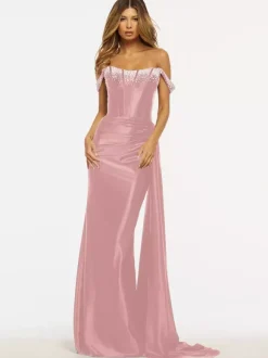 Robe de bal sirène sans bretelles balayage sans manches fermeture éclair tissu satiné robes de dîner formelles