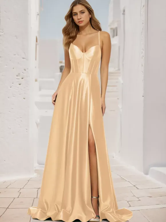 Robe de bal trapèze col en V tissu satiné balayage fendu sur le devant robes de soirée sociale