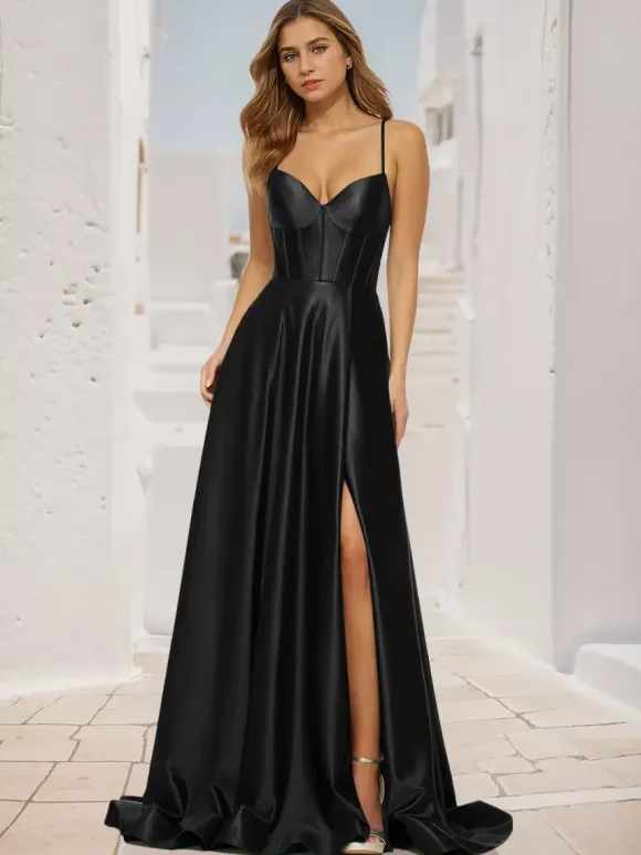 Robe de bal trapèze col en V tissu satiné balayage fendu sur le devant robes de soirée sociale