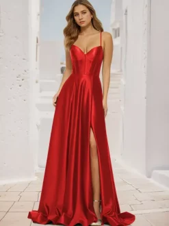 Robe de bal trapèze col en V tissu satiné balayage fendu sur le devant robes de soirée sociale