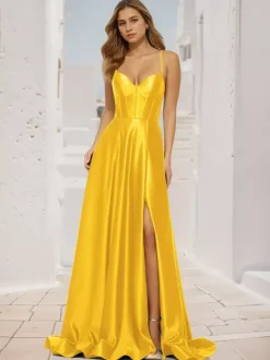 Robe de bal trapèze col en V tissu satiné balayage fendu sur le devant robes de soirée sociale