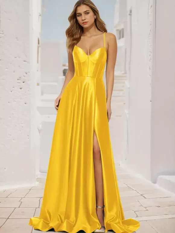 Robe de bal trapèze col en V tissu satiné balayage fendu sur le devant robes de soirée sociale