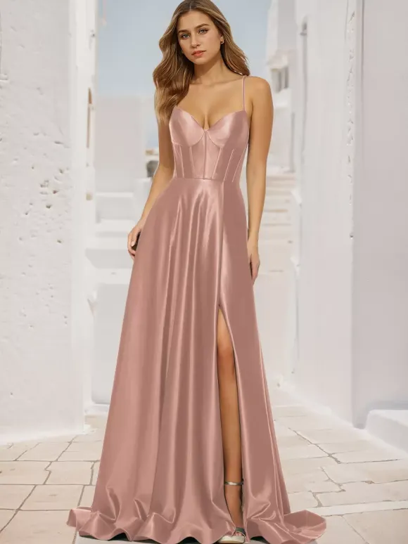 Robe de bal trapèze col en V tissu satiné balayage fendu sur le devant robes de soirée sociale