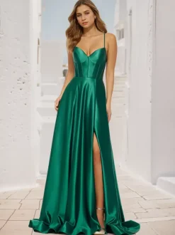 Robe de bal trapèze col en V tissu satiné balayage fendu sur le devant robes de soirée sociale