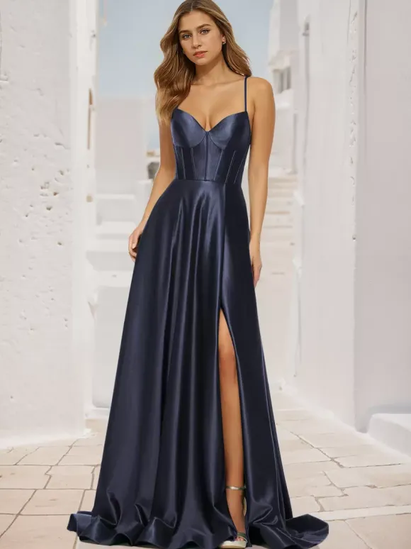 Robe de bal trapèze col en V tissu satiné balayage fendu sur le devant robes de soirée sociale