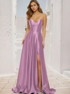 Robe de bal trapèze col en V tissu satiné balayage fendu sur le devant robes de soirée sociale