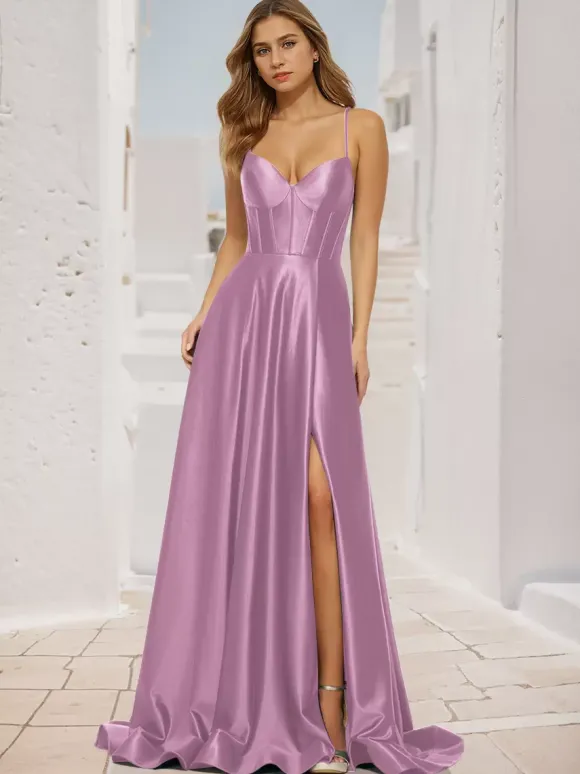 Robe de bal trapèze col en V tissu satiné balayage fendu sur le devant robes de soirée sociale