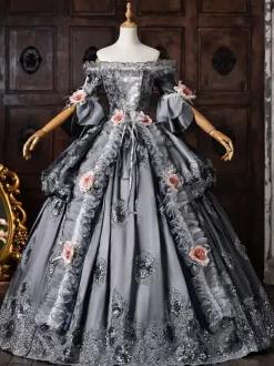 Robe de bal victorienne rococo pour femme épaules dénudées broderie appliquée