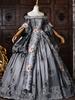 Robe de bal victorienne rococo pour femme épaules dénudées broderie appliquée