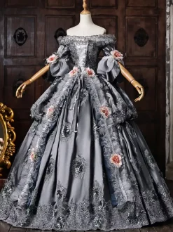 Robe de bal victorienne rococo pour femme épaules dénudées broderie appliquée
