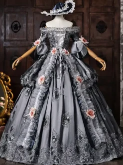 Robe de bal victorienne rococo pour femme épaules dénudées broderie appliquée