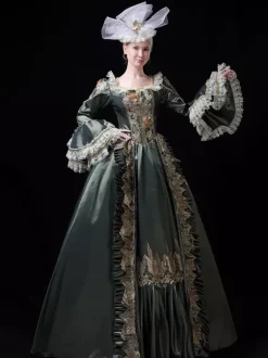 Robe de bal victorienne rococo vintage pour femme manches évasées ornées de dentelle.