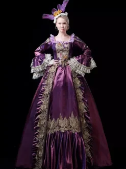 Robe de bal victorienne rococo vintage pour femme manches évasées ornées de dentelle.