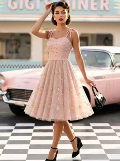 Robe de bal vintage années 1950 à fleurs pour femme - Robe midi trapèze en maille brodée et bretelles nouées - Collection été 2026